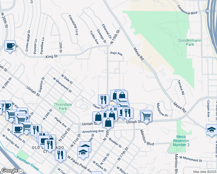 map of restaurants, bars, coffee shops, grocery stores, and more near 927 North 19th Street in Colorado Springs