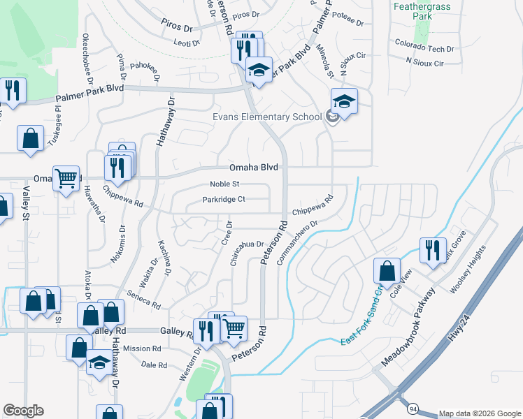 map of restaurants, bars, coffee shops, grocery stores, and more near 6879 Chippewa Road in Colorado Springs