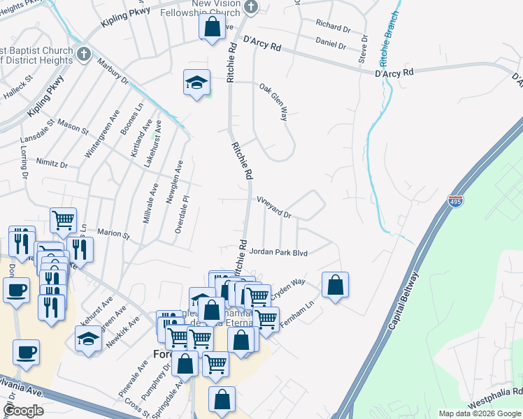 map of restaurants, bars, coffee shops, grocery stores, and more near 2703 Ocala Avenue in District Heights