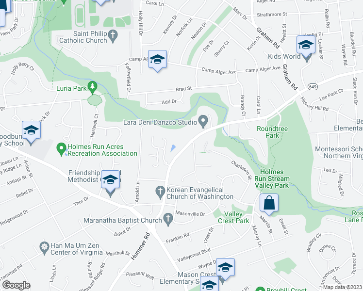 map of restaurants, bars, coffee shops, grocery stores, and more near 3426 Annandale Road in Falls Church