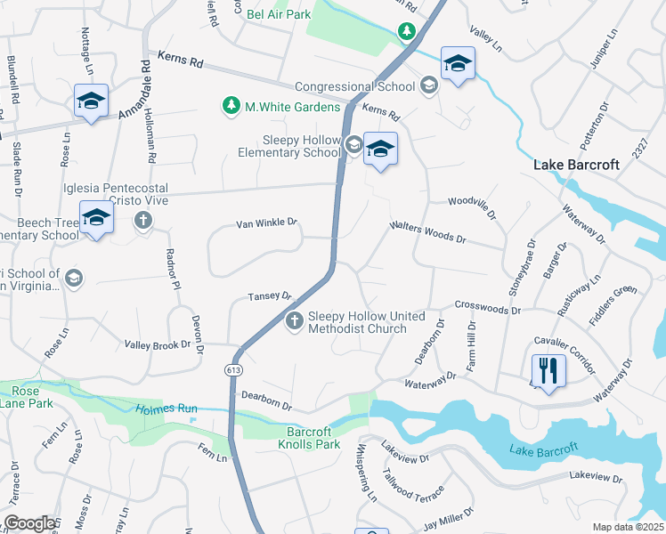 map of restaurants, bars, coffee shops, grocery stores, and more near Sleepy Hollow Road in Falls Church