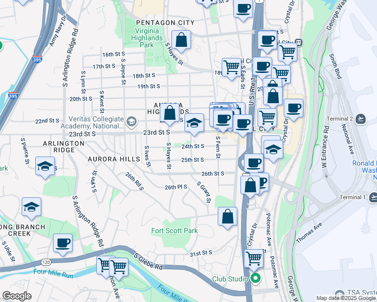 map of restaurants, bars, coffee shops, grocery stores, and more near 700 24th Street South in Arlington