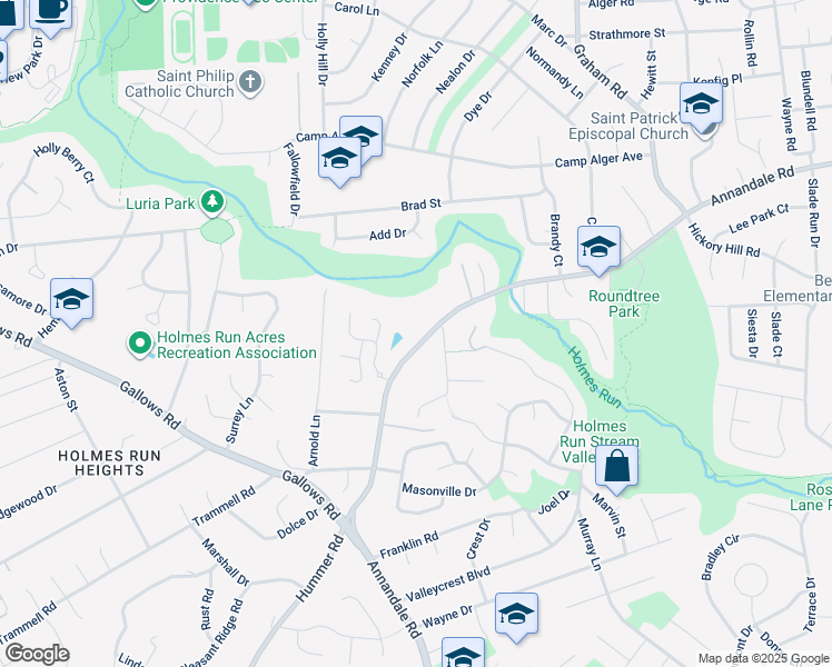 map of restaurants, bars, coffee shops, grocery stores, and more near 3426 Annandale Road in Falls Church