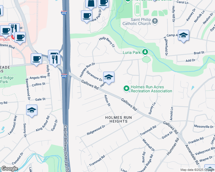 map of restaurants, bars, coffee shops, grocery stores, and more near 3401 Hemlock Drive in Falls Church