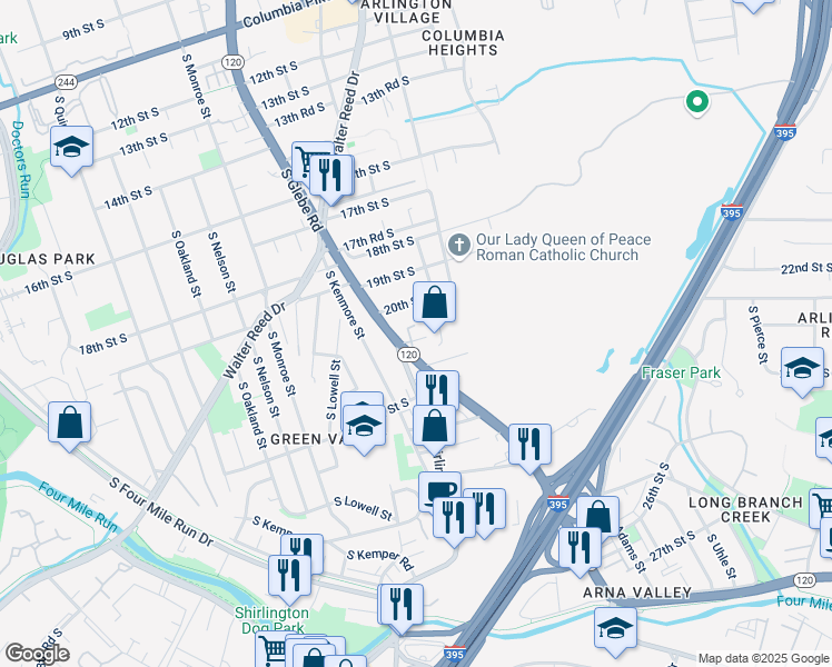 map of restaurants, bars, coffee shops, grocery stores, and more near 2035 South Glebe Road in Arlington