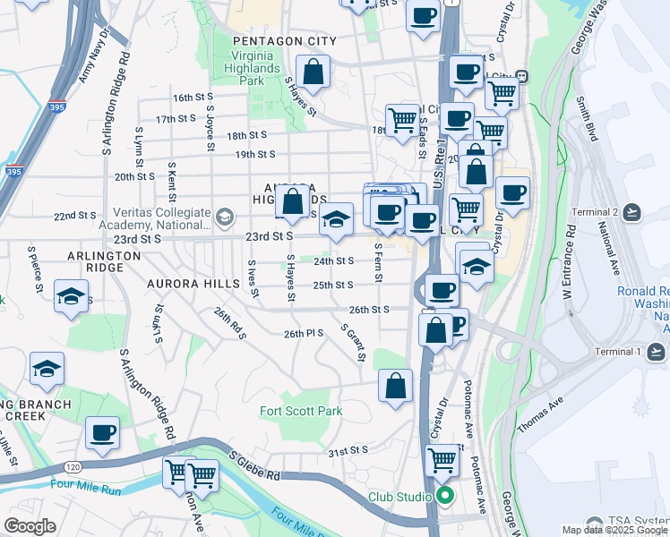 map of restaurants, bars, coffee shops, grocery stores, and more near 2401 South Grant Street in Arlington