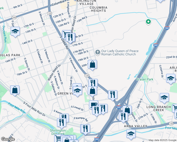 map of restaurants, bars, coffee shops, grocery stores, and more near 2035 South Glebe Road in Arlington