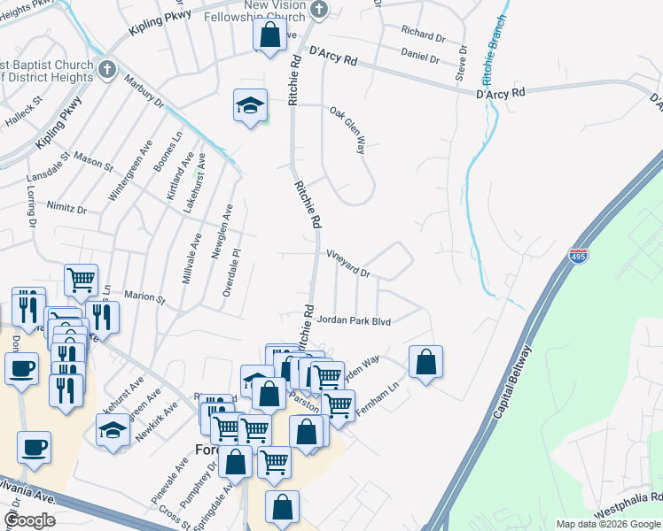 map of restaurants, bars, coffee shops, grocery stores, and more near 2703 Ocala Avenue in District Heights