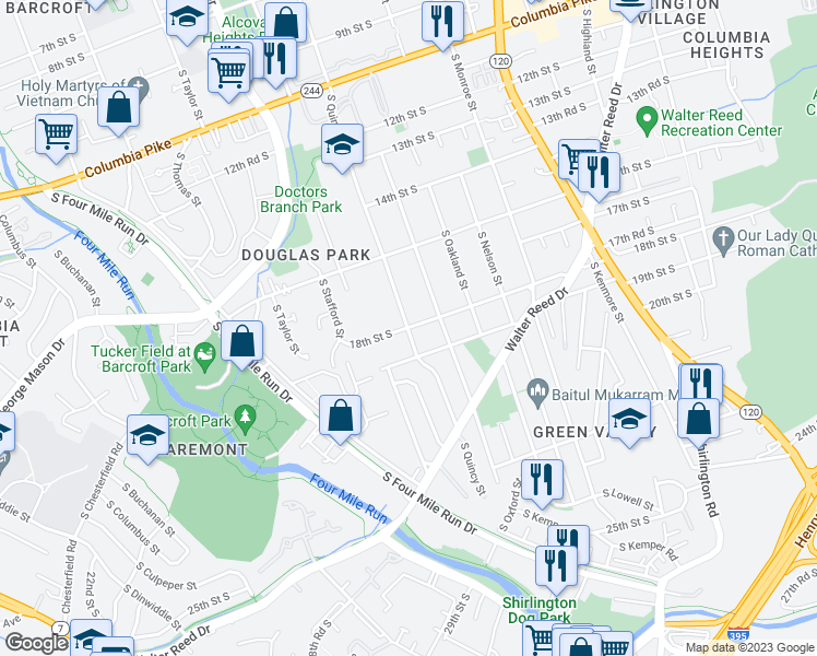 map of restaurants, bars, coffee shops, grocery stores, and more near S Quincy St & 18th St S in Arlington