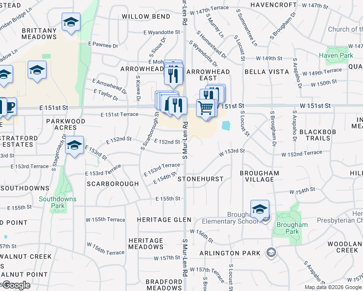 map of restaurants, bars, coffee shops, grocery stores, and more near 2147 East 152nd Street in Olathe