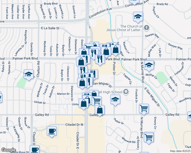 map of restaurants, bars, coffee shops, grocery stores, and more near 3912 East San Miguel Street in Colorado Springs