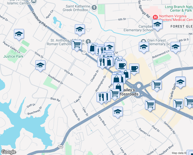 map of restaurants, bars, coffee shops, grocery stores, and more near 3435 Charles Street in Falls Church