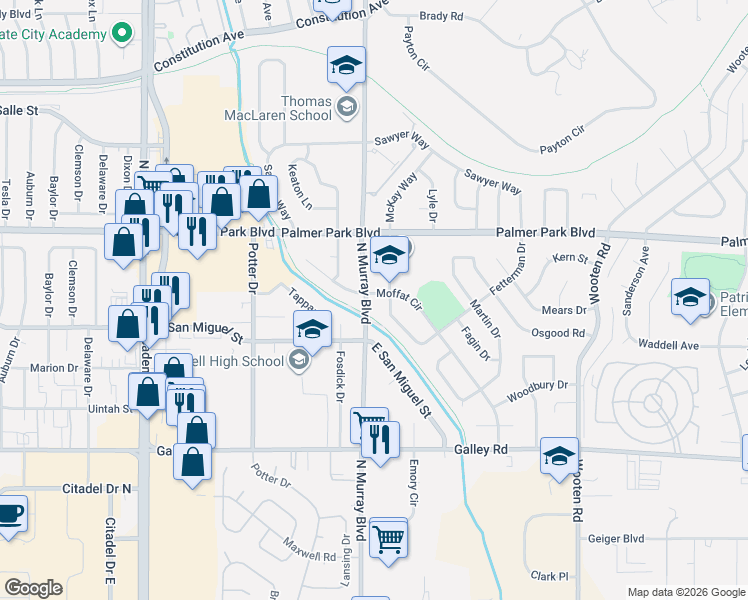map of restaurants, bars, coffee shops, grocery stores, and more near 1310 North Murray Boulevard in Colorado Springs