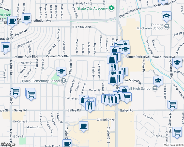 map of restaurants, bars, coffee shops, grocery stores, and more near 1306 Baylor Drive in Colorado Springs