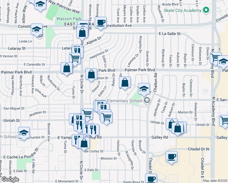 map of restaurants, bars, coffee shops, grocery stores, and more near 1321 Bates Drive in Colorado Springs