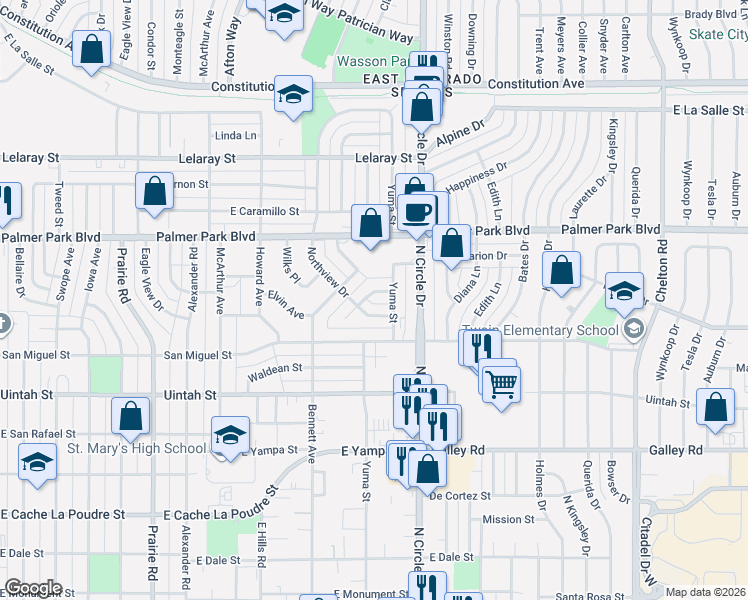 map of restaurants, bars, coffee shops, grocery stores, and more near 1314 Northview Drive in Colorado Springs