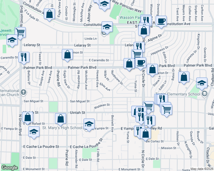 map of restaurants, bars, coffee shops, grocery stores, and more near 2575 Elvin Avenue in Colorado Springs