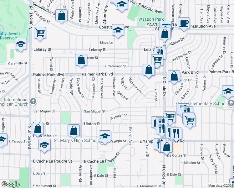 map of restaurants, bars, coffee shops, grocery stores, and more near 1331 Howard Avenue in Colorado Springs
