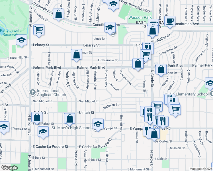 map of restaurants, bars, coffee shops, grocery stores, and more near 1331 Howard Avenue in Colorado Springs