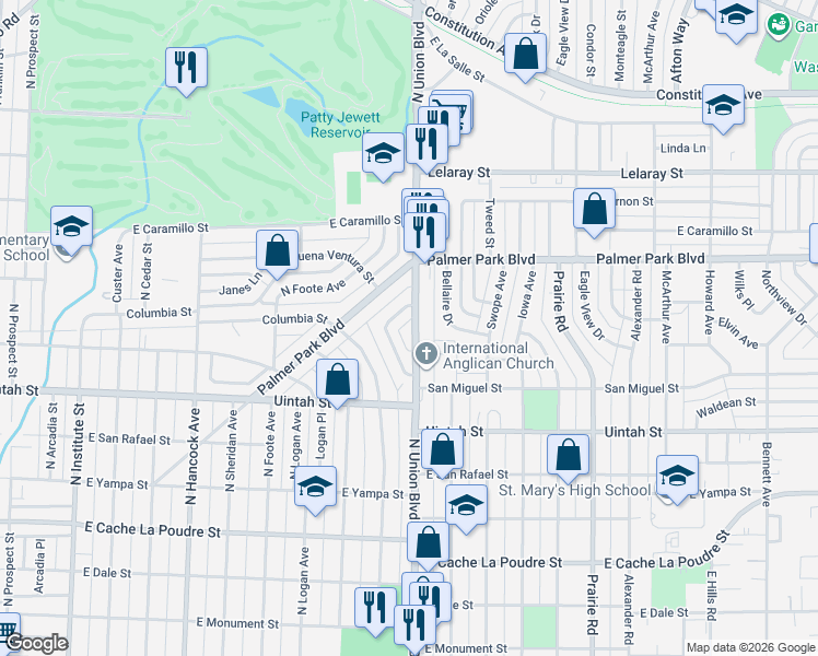 map of restaurants, bars, coffee shops, grocery stores, and more near 1324 North Union Boulevard in Colorado Springs