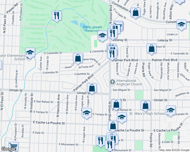 map of restaurants, bars, coffee shops, grocery stores, and more near 1609 Palmer Park Boulevard in Colorado Springs