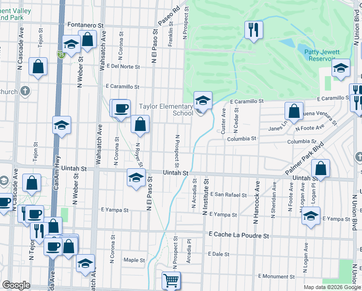 map of restaurants, bars, coffee shops, grocery stores, and more near 1233 North Prospect Street in Colorado Springs