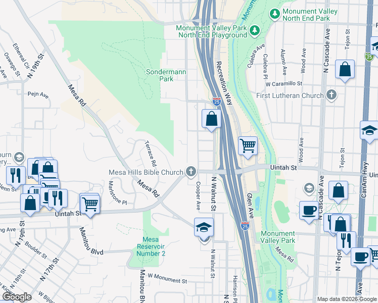 map of restaurants, bars, coffee shops, grocery stores, and more near 1220 Cooper Avenue in Colorado Springs