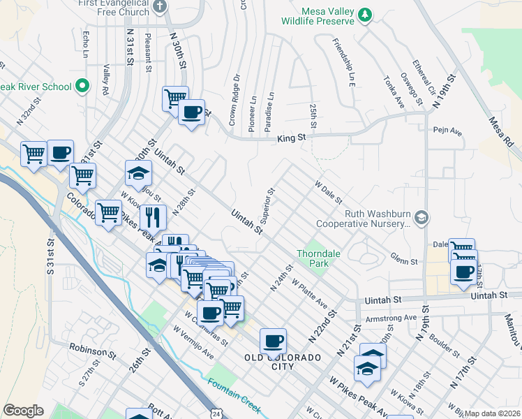 map of restaurants, bars, coffee shops, grocery stores, and more near 510 Superior Street in Colorado Springs