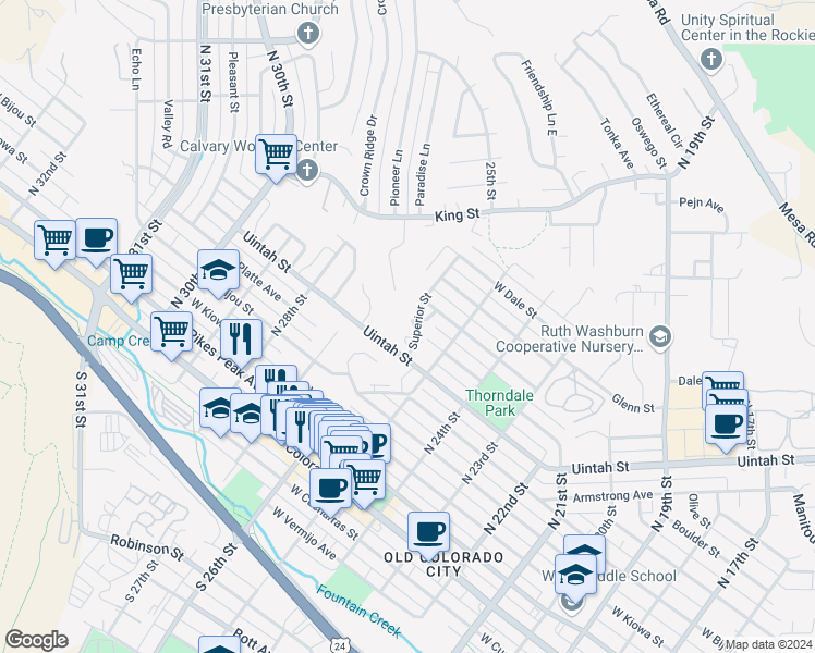 map of restaurants, bars, coffee shops, grocery stores, and more near 510 Superior Street in Colorado Springs