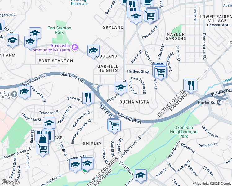 map of restaurants, bars, coffee shops, grocery stores, and more near 2430 Alabama Avenue Southeast in Washington