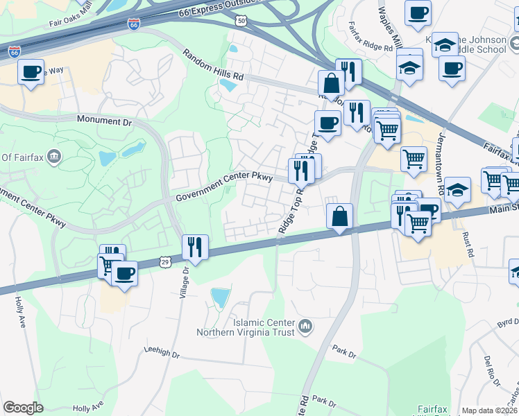 map of restaurants, bars, coffee shops, grocery stores, and more near 11592B Cavalier Landing Court in Fairfax