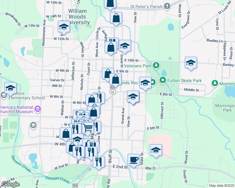 map of restaurants, bars, coffee shops, grocery stores, and more near 714-798 Bluff St in Fulton