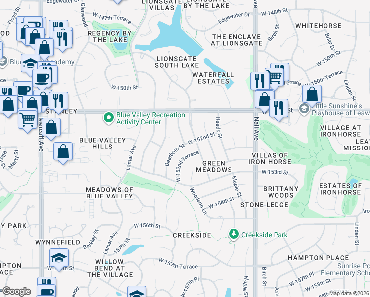 map of restaurants, bars, coffee shops, grocery stores, and more near 5926 West 152nd Terrace in Overland Park