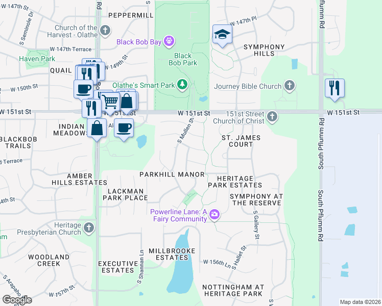 map of restaurants, bars, coffee shops, grocery stores, and more near 14583 West 152nd Place in Olathe
