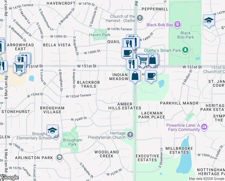 map of restaurants, bars, coffee shops, grocery stores, and more near 15207 South Blackfeather Street in Olathe