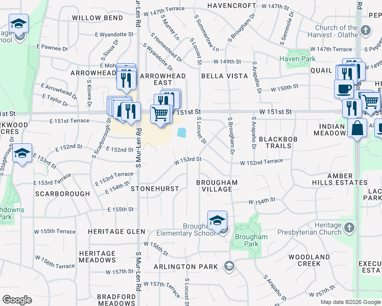 map of restaurants, bars, coffee shops, grocery stores, and more near 16117 West 153rd Street in Olathe