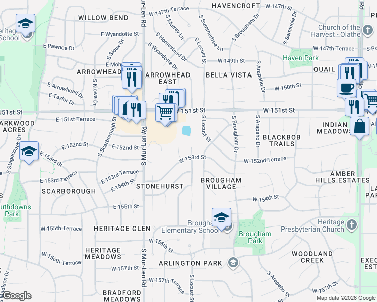 map of restaurants, bars, coffee shops, grocery stores, and more near 15304 South Sturgeon Drive in Olathe