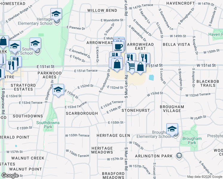 map of restaurants, bars, coffee shops, grocery stores, and more near 2121 East 152nd Terrace in Olathe