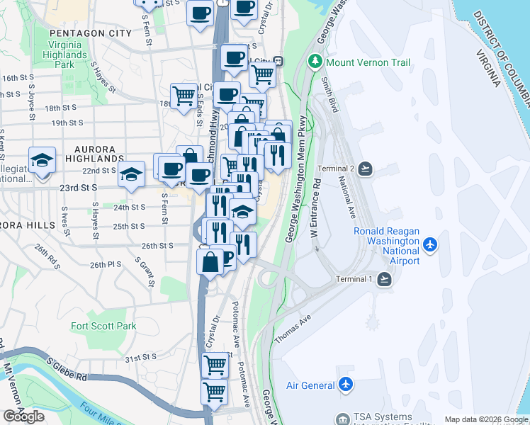 map of restaurants, bars, coffee shops, grocery stores, and more near 2451 Crystal Drive in Arlington