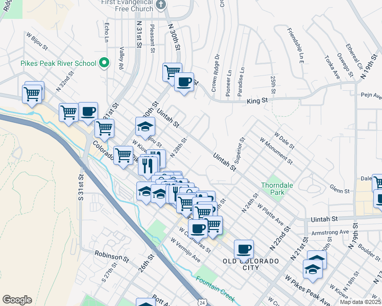 map of restaurants, bars, coffee shops, grocery stores, and more near 2312 West Platte Avenue in Colorado Springs