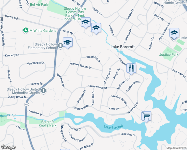 map of restaurants, bars, coffee shops, grocery stores, and more near 6438 Lily Dhu Lane in Falls Church