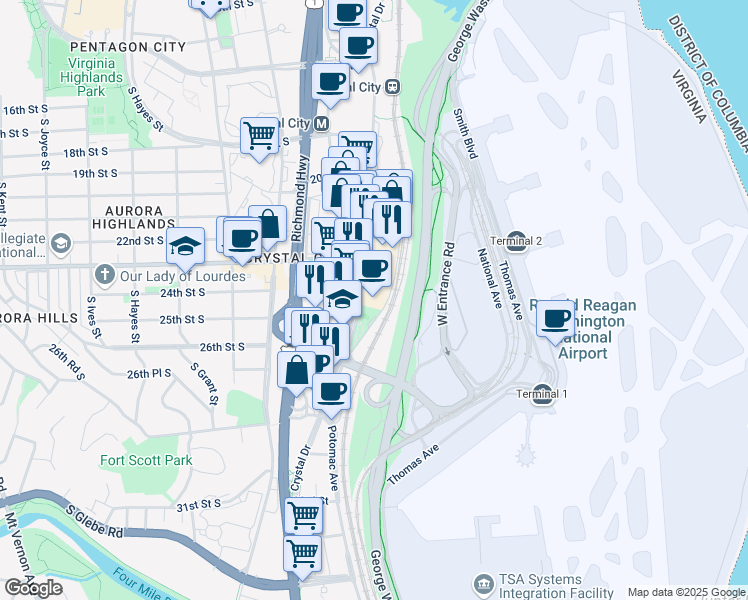 map of restaurants, bars, coffee shops, grocery stores, and more near 2451 Crystal Drive in Arlington