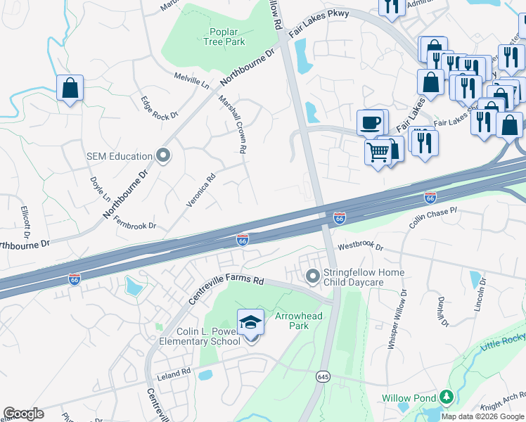 map of restaurants, bars, coffee shops, grocery stores, and more near 5037 Marshall Crown Road in Centreville