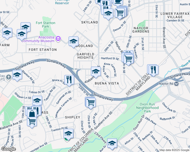 map of restaurants, bars, coffee shops, grocery stores, and more near 2435 Alabama Avenue Southeast in Washington