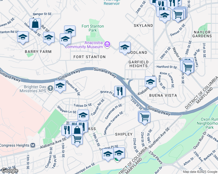 map of restaurants, bars, coffee shops, grocery stores, and more near 3121 20th Street Southeast in Washington
