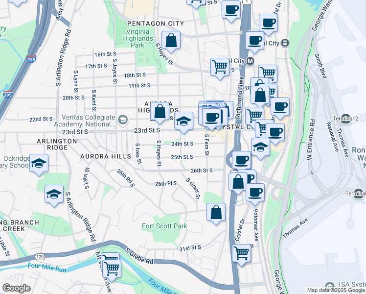 map of restaurants, bars, coffee shops, grocery stores, and more near 2401 South Grant Street in Arlington