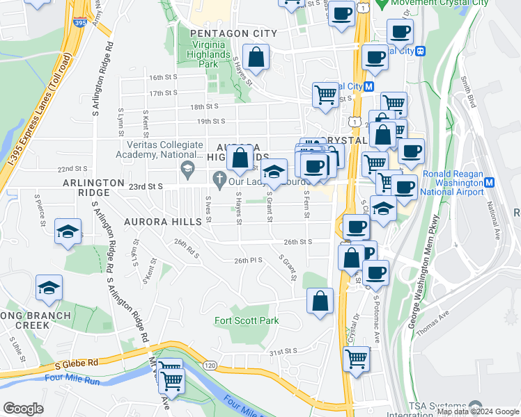 map of restaurants, bars, coffee shops, grocery stores, and more near 710 24th Street South in Arlington