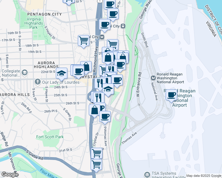 map of restaurants, bars, coffee shops, grocery stores, and more near 2450 Crystal Drive in Arlington