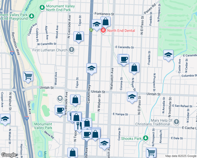 map of restaurants, bars, coffee shops, grocery stores, and more near 1225 North Weber Street in Colorado Springs