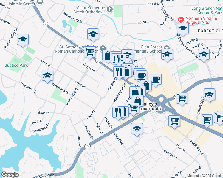 map of restaurants, bars, coffee shops, grocery stores, and more near 3435 Charles Street in Falls Church